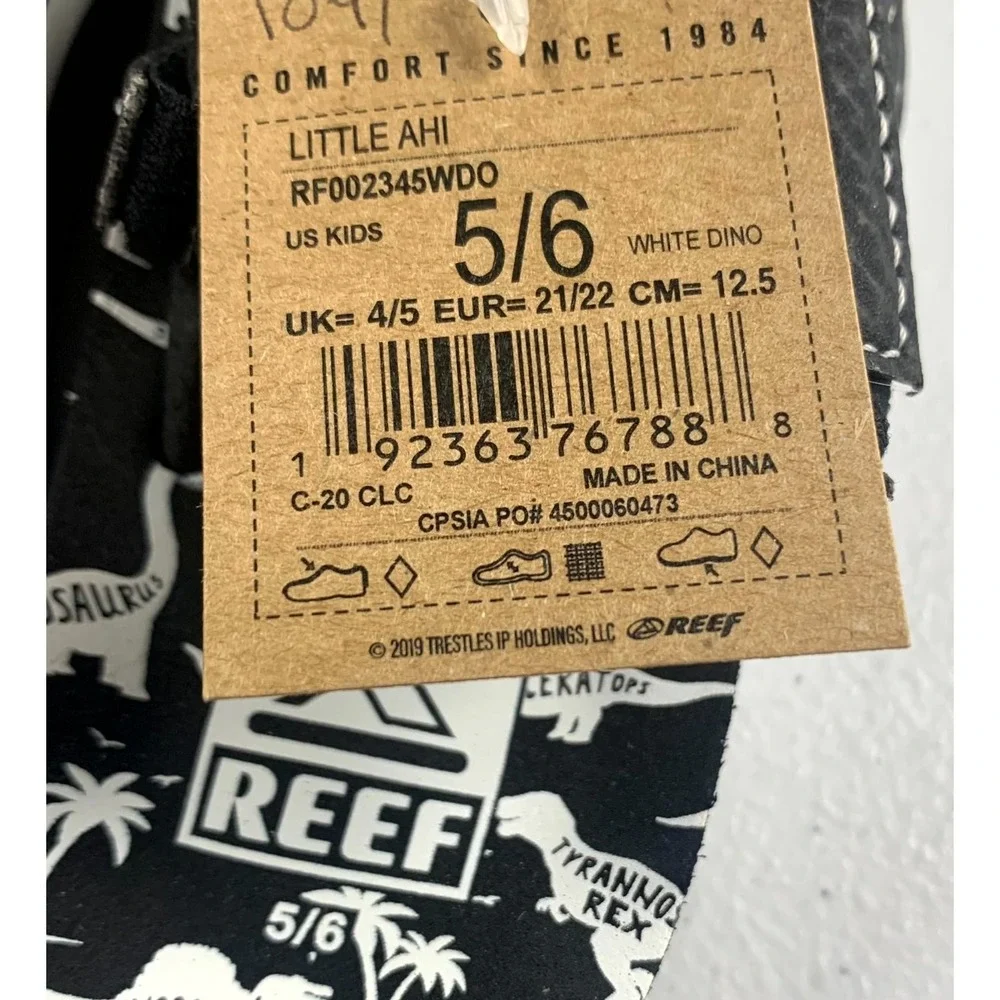 Reef Little Ahi Thong Kids 5-6 White Dino Black Printed Flip Flop Beach‎ Sandals